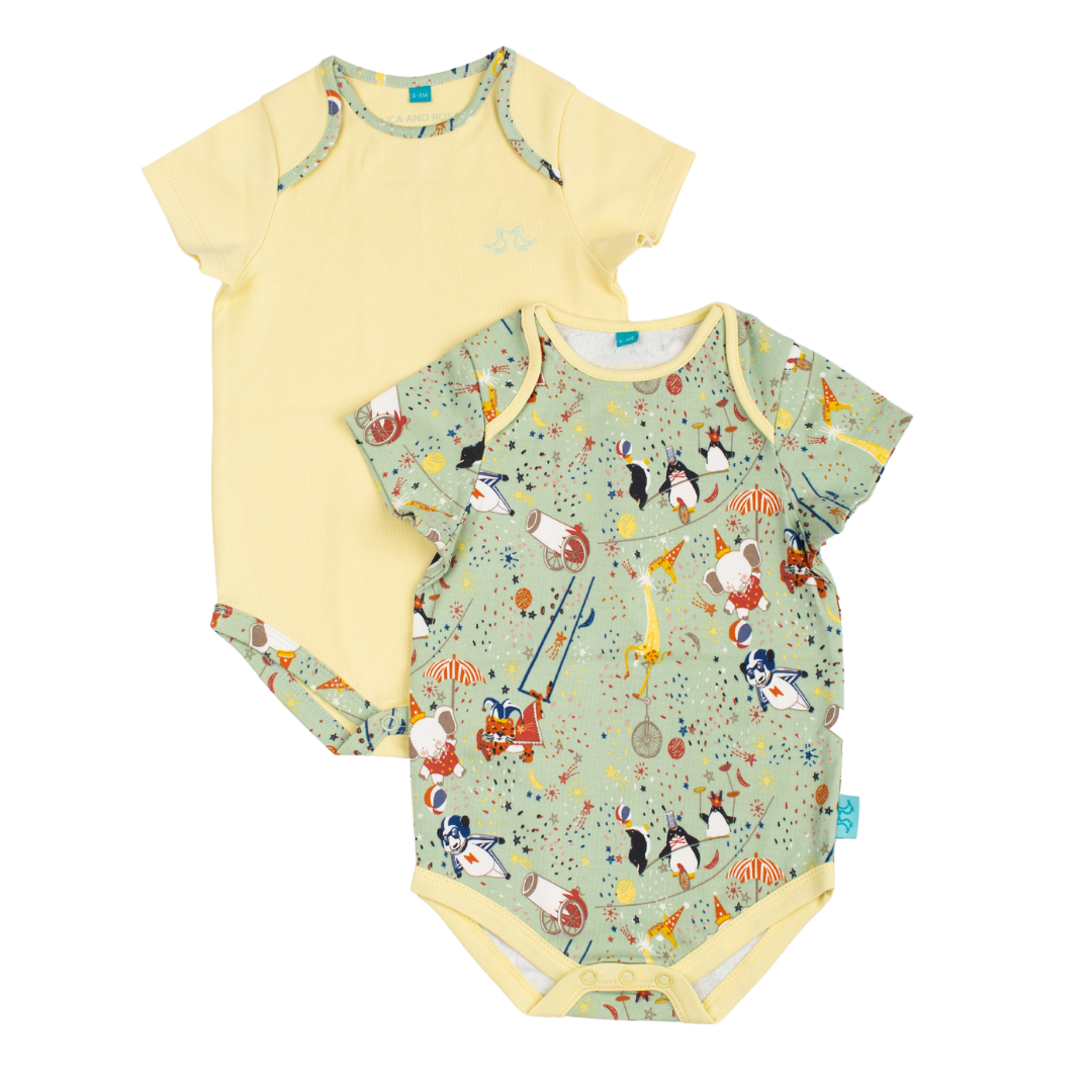 Showman Print Green & Yellow Baby Vest Set