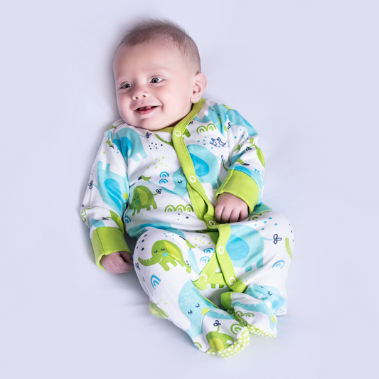 Little Elephant Print Boys Sleepsuit