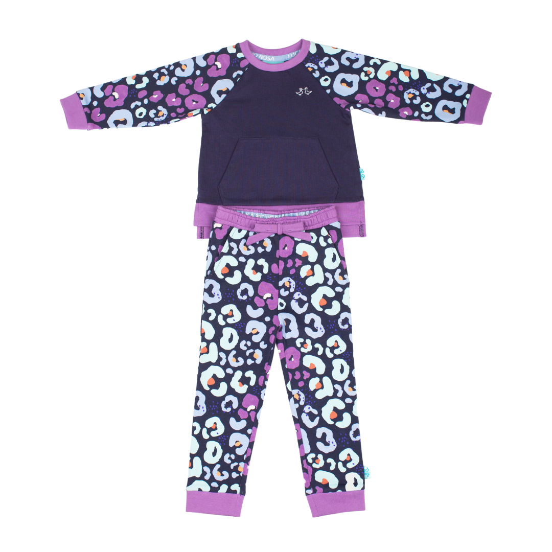Navy & Purple Girls Leopard Print Lounge Set