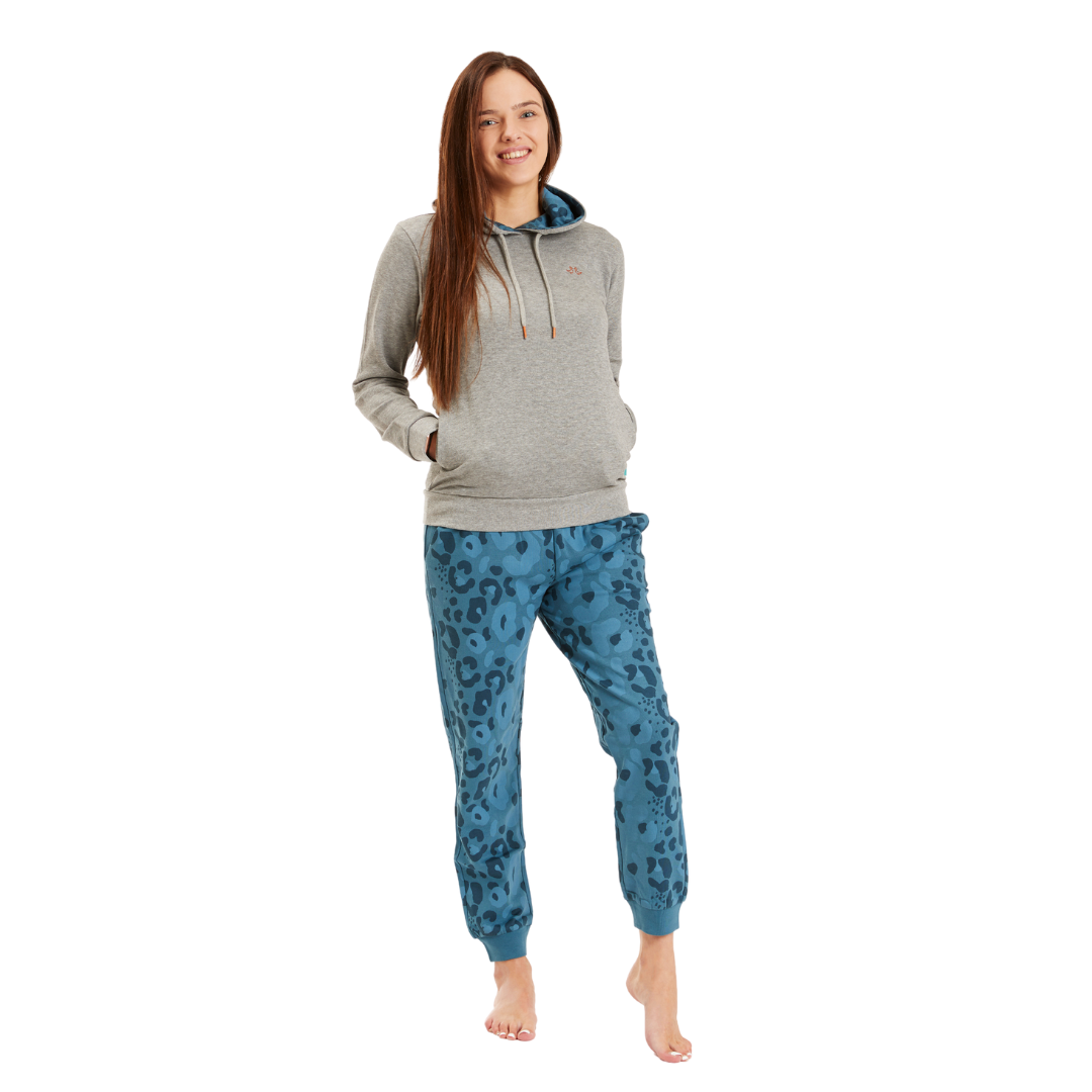 Women's Grey and Leopard Hooded Organic Cotton Lounge Set