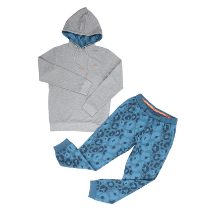 Women's Grey and Blue Leopard Hooded Lounge Set