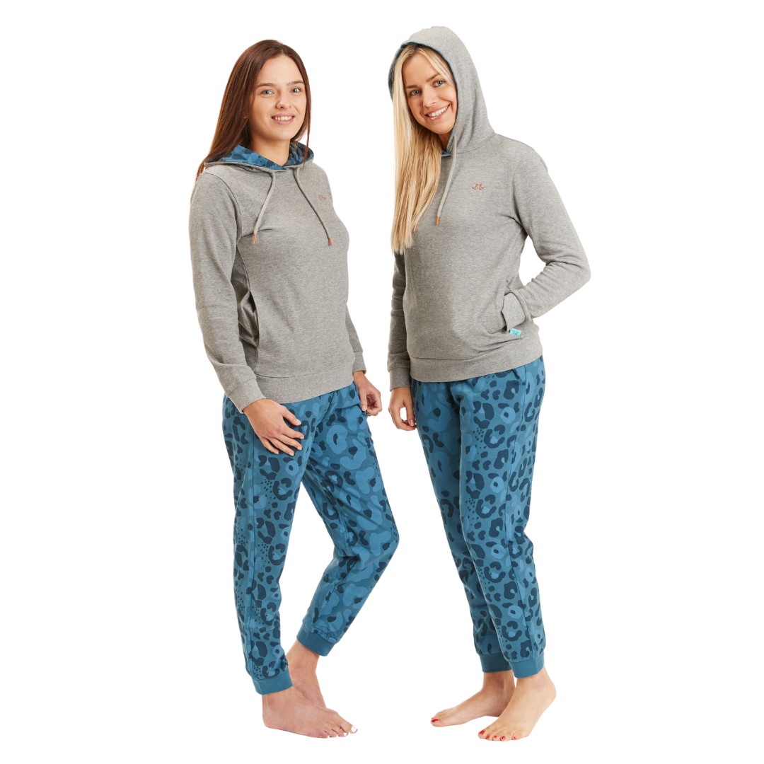Women's Grey and Blue Leopard Hooded Lounge Set